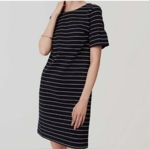 LOFT navy white stripe ruffle sleeve dress size M